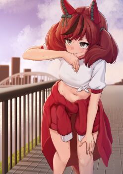 1girl absurdres animal_ears blue_sky blush bow brown_hair closed_mouth clothes_around_waist cloud cloudy_sky commentary_request day ear_covers ear_ribbon feet_out_of_frame green_ribbon gym_shirt gym_shorts hand_on_own_knee highres horse_ears horse_girl horse_tail jacket jacket_around_waist leaning_forward midriff miyama_mizuki_(hoshihoshi1220) multicolored_hair navel nice_nature_(umamusume) red_jacket red_shorts ribbon shirt short_sleeves shorts sky solo standing stomach streaked_hair sweat sweatdrop tail tied_shirt tracen_training_uniform track_jacket twintails umamusume white_shirt wiping_sweat