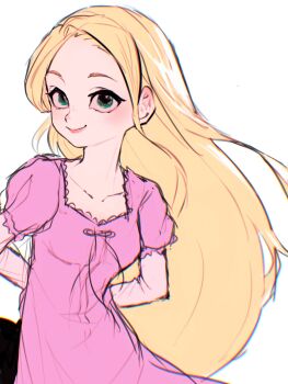 1girl arms_behind_back blonde_hair breasts character_request closed_mouth copyright_request cowboy_shot dress forehead green_eyes highres layered_sleeves long_hair long_sleeves looking_at_viewer okubatomaeba pink_dress short_over_long_sleeves short_sleeves simple_background small_breasts smile solo white_background