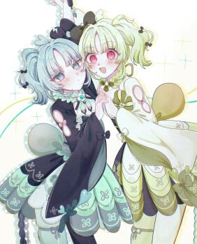 2girls black_bow black_bowtie blue_eyes blush bow bowtie commentary_request highres hime_cut holding_hands japanese_clothes kizaki_mimi kizaki_ruru magical_girl mahou_shoujo_no_inshuu_mura mitobari multiple_girls red_eyes short_hair smile thighhighs wide_sleeves