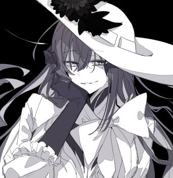 1girl bow breasts demon_horns dress elbow_gloves flower frills gloves greyscale hair_between_eyes half-closed_eyes hand_on_own_face hand_up hat hat_flower hat_ornament highres hki_8b honkai:_star_rail honkai_(series) horns large_bow large_breasts long_hair long_sleeves looking_at_viewer mole mole_under_eye monochrome puffy_long_sleeves puffy_sleeves sidelocks simple_background smile solo teeth the_dahlia_(honkai:_star_rail) upper_body wavy_hair