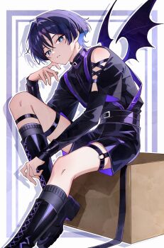 1boy bare_shoulders belt blue_eyes boots detached_sleeves genshin_impact highres kuro774_n laces looking_at_viewer scaramouche_(genshin_impact) socks solo teeth white_background wings
