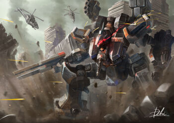 aircraft armored_core armored_core:_last_raven battle building cascade_range fire fromsoftware glowing gun helicopter holding holding_gun holding_weapon hukutuuprunes mecha mecha_focus no_humans over_shoulder robot ruins weapon weapon_over_shoulder