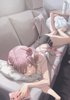 1girl absurdres bare_arms bare_legs bare_shoulders barefoot black_nails black_shorts camisole closed_eyes couch crop_top demon_horns demon_tail dolphin_shorts feet highres holding holding_phone horns indie_virtual_youtuber midori_fufu midori_fufu_(vtuber) midriff mole mole_under_eye nail_polish on_couch open_mouth phone shirt short_shorts shorts sleeping sleeveless sleeveless_shirt smile solo spaghetti_strap strap_slip tail thighs virtual_youtuber white_shirt