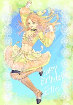 Rule 34 | 1girl, abs, black bow, black bowtie, bow, bowtie, character name, crop top, etie (fire emblem), fire emblem, fire emblem engage, gem, green bow, green eyes, green shirt, green skirt, happy birthday, highres, hooded top, long hair, looking at viewer, nekoyashiki 08, nintendo, orange gemstone, orange hair, shirt, skirt, solo, swept bangs, tiara