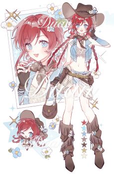 1girl absurdres bag belt blue_arm_warmers blue_eyes blue_vest boots bra brown_bag brown_belt brown_boots brown_gloves brown_hat brown_neckerchief chibi chibi_inset chinese_commentary chuanhe_duanduanzi commentary_request commission cowboy_hat cowgirl_(western) denim denim_shorts fashion fingerless_gloves flower fringe_trim gloves handbag hat highres lace lace_bra long_hair multiple_views neckerchief original quad_braids red_hair shorts underwear vest watermark y2k_fashion