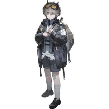 1boy ahoge arknights bag bandaged_leg bandages bishounen black_shoes blue_coat blue_shorts brown_bag brown_eyes brown_hair child closed_mouth coat cone_horns demon_boy demon_horns expressionless full_body gauze gauze_on_knee goggles goggles_on_head grey_socks hair_between_eyes holding_strap horns kneehighs long_sleeves looking_at_viewer male_focus official_art open_clothes open_coat pointy_ears shirt shoes short_hair shorts simple_background socks solo standing tachi-e third-party_source tinted_eyewear torn_clothes torn_shirt transparent_background turtleneck turtleneck_shirt white_shirt yellow-tinted_eyewear