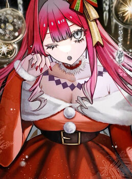 1girl baobhan_sith_(fate) bare_shoulders belt bow breasts cleavage collarbone commentary detached_collar diandao_qin dress earrings fate/grand_order fate_(series) fur_trim grey_eyes hair_bow highres jewelry large_breasts long_hair looking_at_viewer off_shoulder one_eye_closed open_mouth pink_hair pointy_ears red_dress santa_costume santa_dress sidelocks solo