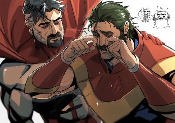 2boys bara beard beard_stubble black_hair blurry bodysuit cape closed_eyes comforting commentary crossover crying depressed depth_of_field dispatch english_commentary facial_hair facing_another hand_on_another&#039;s_back invincible_(series) look-alike male_focus multicolored_bodysuit multicolored_hair multiple_boys muscular muscular_male mustache mutton_chops omni-man phenomaman red_bodysuit red_cape sad short_hair simple_background stubble superhero_costume tears tobo_katsuo two-tone_bodysuit two-tone_hair white_background white_bodysuit white_hair