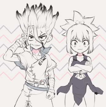 1boy 1girl :3 breasts choker crossed_arms dr._stone dress e=mc2_(equation) facial_mark high_ponytail ishigami_senkuu kohaku_(dr._stone) large_breasts looking_at_viewer medium_hair miniskirt monochrome ninomae_gin ponytail skirt smile smirk spiked_hair white_choker