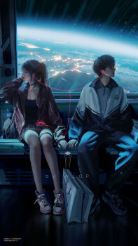 1boy 1girl artist_name bag black_hair black_tank_top choker collared_shirt commentary_request earphones glasses handbag highres holding holding_earphones in_orbit jacket listening_to_music long_hair miniskirt open_clothes open_jacket original pants planet polo_shirt ponytail red_jacket red_lips science_fiction shared_earphones sharing shirt shoes shopping_bag short_hair sitting skirt sky sneakers space star_(sky) starry_sky tank_top thigh_strap window wlop