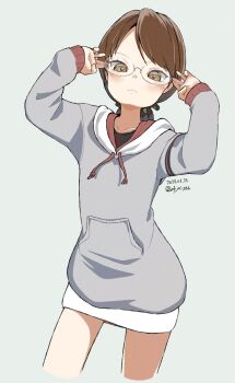 1girl alternate_costume alternate_hairstyle bespectacled brown_eyes brown_hair commentary_request dress glasses grey_background grey_dress grey_sweater highres hood hooded_dress hooded_sweater infini kantai_collection low_twintails shikinami_(kancolle) simple_background solo sweater sweater_dress swept_bangs twintails