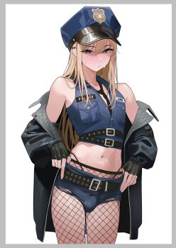 1boy absurdres bare_shoulders belt black_necktie blonde_hair blue_eyes blush crossdressing crossdressing_(mtf) fishnets hat highres jacket long_hair necktie open_clothes open_jacket original police police_hat police_uniform short_shorts shorts simple_background solo sweatdrop trap turisasu white_background