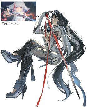 1girl alternate_form armor artist_name bodysuit braid breasts claws cleavage clothing_cutout commentary crossed_legs english_commentary full_body grandaloe grey_eyes grin high_heels highres holding holding_sword holding_weapon humanization long_hair medium_breasts objectification qingming_sword reference_inset sitting smile sword thighs very_long_hair weapon white_background ye_shunguang zenless_zone_zero