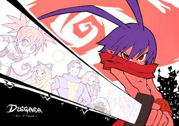 3girls 6+boys angel arms_behind_back bikini bikini_top_only blonde_hair blowing_kiss blue_hair breasts brown_hair cleavage demon_girl demon_tail demon_wings disgaea eternal_arcadia etna_(disgaea) fangs flonne gloves gordon_(disgaea) highres jennifer_(disgaea) laharl large_breasts leaning_forward long_hair looking_at_viewer midriff multiple_boys multiple_girls navel one_eye_closed open_mouth prinny red_eyes robot scarf serious short_hair small_breasts smile swimsuit sword tail tank_top tongue weapon wings