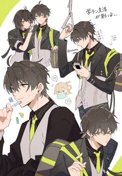 !? 1boy 2girls ? ?? bag black_hair black_jacket black_pants blonde_hair bow bowtie commentary dual_persona female_rover_(wuthering_waves) grey_shirt hair_ribbon hand_up highres holding holding_pen holding_phone jacket long_hair looking_at_viewer low_ponytail lynae_(wuthering_waves) male_rover_(wuthering_waves) multiple_girls necktie official_alternate_costume pants pen phone ponytail ribbon rover_(wuthering_waves) sadomne_sabu shirt shoulder_bag smile standing symbol-only_commentary tacet_mark_(wuthering_waves) wuthering_waves yellow_bow yellow_bowtie yellow_eyes yellow_necktie