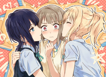 Rule 34 | 3:, 3girls, @ @, ^ ^, asaka karin, asymmetrical hair, blonde hair, blue eyes, blue hair, blue shirt, blush, bob cut, brown hair, clenched hand, closed eyes, closed mouth, collared shirt, commentary, crescent, crescent hair ornament, dress shirt, girl sandwich, hair ornament, hairclip, heart, highres, kissing ear, looking at another, love live!, love live! nijigasaki high school idol club, medium hair, miyashita ai, multiple girls, nakasu kasumi, neck ribbon, nijigasaki school uniform, parted lips, pentagram, pink eyes, polka dot, ponytail, revision, ribbon, sandwiched, school uniform, shirt, short hair, short ponytail, short sleeves, sidelocks, summer uniform, sweater vest, upper body, yellow ribbon, yellow sweater vest, yukitake (bullfalk), yuri