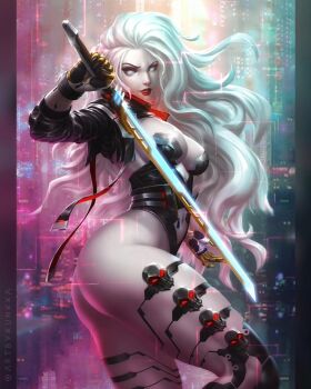 1girl ass black_jacket breasts city clothing_cutout colored_skin comic_cover commentary cropped_jacket cyberpunk english_commentary glowing glowing_sword glowing_weapon gold_gloves grey_leotard highres holding holding_sword holding_weapon jacket kunkka lady_death lady_death_(character) large_breasts leotard long_hair looking_to_the_side navel no_pupils official_alternate_costume official_art pinup_(style) red_lips skull solo stomach_cutout strapless strapless_leotard sword weapon white_hair white_skin