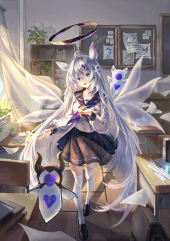 1girl absurdres alternate_costume arbiter_the_empress_iii_(azur_lane) arbiter_the_lovers_vi_(azur_lane) ark_royal_(azur_lane) azur_lane bar_censor birds-mix black_halo black_sailor_collar black_shoes black_skirt blue_eyes book bookshelf breasts censored cheshire_(azur_lane) chinese_commentary commentary_request compiler_(azur_lane) cup curtains disposable_coffee_cup disposable_cup full_body halo helena_(azur_lane) helena_(meta)_(azur_lane) highres holding holding_cup indoors long_hair looking_at_viewer mechanical_halo medium_breasts miniskirt neckerchief pencil plant pleated_skirt potted_plant purple_neckerchief sailor_collar school_uniform shoes siren_(azur_lane) skirt solo thighhighs transparent_wings very_long_hair white_hair white_thighhighs window wisdom_cube_(azur_lane) wooden_floor zettai_ryouiki