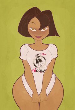 1girl breasts collarbone commentary commission english_commentary highres kinggargantuas looking_at_viewer no_panties no_pants open_mouth print_shirt shirt short_hair short_sleeves smile solo the_proud_family thick_thighs thighs trudy_proud variant_set ych_commission