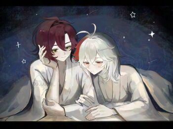 2boys ahoge bandaged_hand bandages blanket commentary_request genshin_impact green_eyes hand_on_own_chin highres kaedehara_kazuha mole mole_under_eye multiple_boys red_eyes shikanoin_heizou shirt star_(symbol) uuuuuuji watermark white_shirt