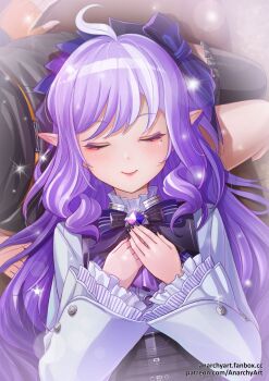 Rule 34 | 2girls, absurdres, anarchyart, belle (zenless zone zero), black thighhighs, brooch, closed eyes, closed mouth, commentary request, drill hair, fanbox username, frilled sleeves, frills, grey skirt, highres, jewelry, lap pillow, long hair, long sleeves, mole, mole under eye, multicolored hair, multiple girls, patreon username, pointy ears, purple hair, single thighhigh, skirt, smile, thighhighs, two-tone hair, vivian banshee, white hair, zenless zone zero