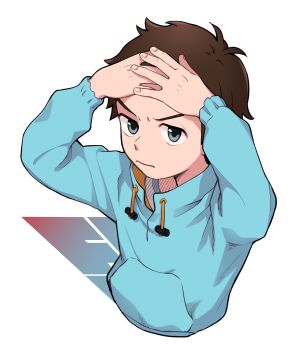 Rule 34 | 1boy, arms up, blue hoodie, brown hair, copyright name, flcl, gogo56s, grey eyes, hands on own head, highres, hood, hoodie, light frown, long sleeves, male focus, nandaba naota, short hair, solo, upper body