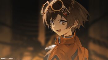 1girl :d absurdres blurry blurry_background brown_background brown_hair copyright_name copyright_notice eyewear_on_head from_side glasses hair_ornament hairclip highres jacket logo looking_at_viewer official_art official_wallpaper open_mouth orange_eyes orange_jacket qianqiu_(xinyue_tongxing) round_eyewear short_hair smile solo upper_body xinyue_tongxing