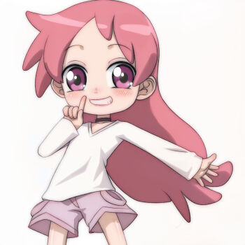 1girl blush choker collarbone fami finger_to_mouth grin highres long_hair long_sleeves looking_at_viewer ojamajo_doremi pink_eyes pink_hair pink_shorts shirt shorts smile standing t_jiroo_(ringofriend) teeth white_background white_shirt
