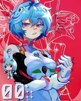 1girl ayanami_rei blue_hair bodysuit evangelion_(mecha) highres mecha_pilot_suit neon_genesis_evangelion plugsuit_(evangelion) red_eyes short_hair solo stiflart stuffed_toy white_bodysuit