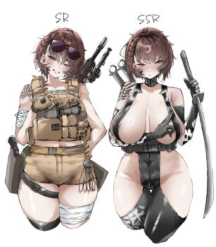 1girl absurdres bandaged_arm bandaged_leg bandages battle_rifle blush breasts breasts_apart brown_hair camouflage camouflage_shorts delta_(nikke) delta_(ninja_thief)_(nikke) dual_persona elbow_gloves eyewear_on_head gloves goddess_of_victory:_nikke gun h&amp;k_hk417 highres hii_(motorholic) holding holding_sword holding_weapon huge_breasts official_alternate_costume revealing_clothes rifle short_hair shorts shoulder_tattoo sunglasses sword tattoo thighs weapon white_background