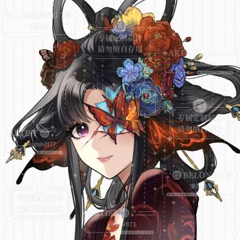 1girl artist_request black_hair blue_flower bone_ash_painted_screen_(shining_nikki) bow-shaped_hair butterfly_in_eye chest_tattoo chinese_clothes chinese_commentary chinese_hairpin closed_mouth commentary_request commission eyelashes floral_print flower flower_request flower_tattoo hair_flower hair_ornament hair_rings hairpin hanfu happy highres lipstick long_sidelocks looking_at_viewer makeup multiple_hairpins nikki_(series) one-eyed parted_bangs pink_lips purple_eyes red_flower red_hanfu sample_watermark second-party_source shining_nikki short_hair_with_long_locks sidelocks simple_background smile solo tattoo too_many_watermarks updo upper_body watermark watermark_grid white_background yellow_flower