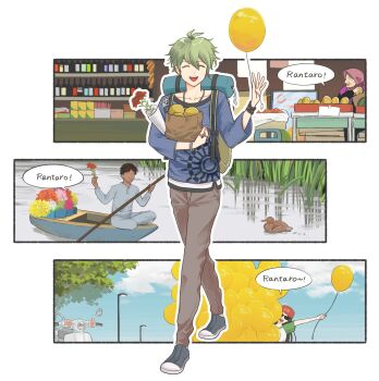 Rule 34 | 2boys, 2girls, amami rantaro, antenna hair, backpack, bag, balloon, bird, blue sky, boat, brown pants, closed eyes, collarbone, commentary, danganronpa (series), danganronpa v3: killing harmony, duck, ear piercing, eyelashes, flower, food, fruit, green hair, hair between eyes, happy, highres, jewelry, long sleeves, looking at viewer, male focus, moi (arararcrc), multiple boys, multiple girls, multiple piercings, necklace, open mouth, outline, paddle, pants, paper bag, piercing, shirt, short hair, sky, smile, solo focus, speech bubble, standing, striped clothes, striped shirt, vertical-striped sleeves, walking, water, watercraft, waving, white outline