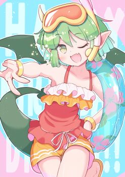 1girl absurdres bracelet collarbone commentary_request draco_centauros draco_centauros_(midsummer) dragon_girl dragon_horns dragon_tail dragon_wings drawstring fang frills goggles goggles_on_head gold_bracelet green_hair green_tail green_wings highres horns innertube jazz_grace jewelry one_eye_closed orange_shorts pointy_ears puyopuyo puyopuyo_quest short_hair shorts sidelocks snorkel snorkel_mask solo swim_goggles swim_ring tail tied_drawstring v wings yellow_eyes