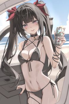 1girl absurdres arm_ribbon beach beer_can bell bikini black_bikini black_choker black_hair black_ribbon blue_sky blunt_bangs blush breasts can choker cleavage cloud collarbone commentary cowboy_shot criss-cross_halter day diamond_(shape) diamond_facial_mark drink_can english_commentary facial_mark fingernails flower_tattoo foam front-tie_bikini_top front-tie_top groin hair_ornament halterneck hand_up highres holding holding_can honkai:_star_rail honkai_(series) long_hair long_sidelocks looking_at_viewer mark_under_both_eyes medium_breasts nail_polish navel neck_bell ocean outdoors parted_lips pink_eyes raised_eyebrow red_nails ribbon sand scarlet_(wv0102) side-tie_bikini_bottom sidelocks sky smile solo sparkle_(honkai:_star_rail) stomach string_bikini swimsuit tattoo twintails very_long_hair water