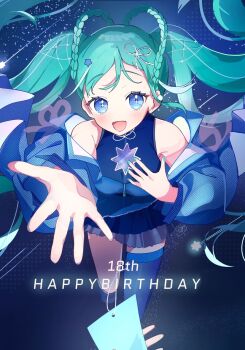 1girl 1other aqua_hair aqua_nails asymmetrical_legwear blue_eyes blue_jacket blue_thighhighs blush braid braided_hair_rings breasts commentary_request crop_top earrings gomau_(gomadareeee_) hair_ornament hair_rings hand_on_own_chest happy_birthday hatsune_miku heart heart_earrings highres jacket jewelry long_hair long_sleeves looking_at_viewer magical_mirai_(vocaloid) magical_mirai_miku magical_mirai_miku_(2025) medium_breasts official_alternate_costume official_alternate_hairstyle open_mouth reaching reaching_towards_viewer shirt sleeveless sleeveless_shirt smile solo_focus star_(symbol) star_hair_ornament thighhighs twintails very_long_hair vocaloid