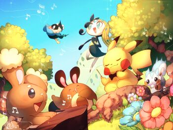 Rule 34 | aqua eyes, blush, bow, bow (music), bowtie, buneary, chatot, closed eyes, colored skin, commentary request, day, floating, flower, gen 1 pokemon, gen 2 pokemon, gen 4 pokemon, gen 5 pokemon, grass, green hair, instrument, legendary pokemon, meloetta, meloetta (aria), music, musical note, mythical pokemon, nintendo, open mouth, outdoors, pachirisu, piano, pikachu, pokemon, pokemon (creature), pokemon focus, sentret, singing, smile, tree, violin, white skin, yukkyon kyon