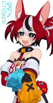 1girl animal_ears black_hair blue_eyes blush collar hakos_baelz highres hololive hololive_english multicolored_hair rabbit_ears rabbit_girl rabbit_tail red_hair spiked_collar spikes tail twintails virtual_youtuber white_hair yoako