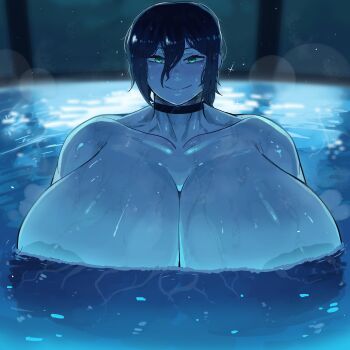 ababachenchen alternate_breast_size_(larger) black_hair blush breasts chainsaw_man choker collarbone gigantic_breasts green_eyes huge_breasts looking_at_viewer moonlight night pool reze_(chainsaw_man) smile water wet wet_hair