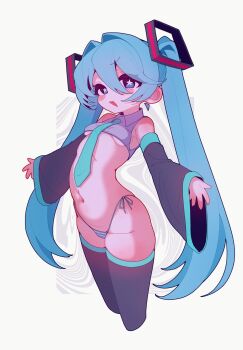 1girl :3 aqua_necktie aqua_panties aqua_trim arched_back banananosongen bare_shoulders black_sleeves black_thighhighs blue_eyes blue_hair blush_stickers breasts bright_pupils collared_shirt crop_top cropped_legs detached_sleeves fang grey_shirt hair_between_eyes hair_intakes hair_ornament hatsune_miku highleg highleg_panties highres long_hair looking_at_viewer navel necktie open_mouth outstretched_arms panties shirt side-tie_panties skin_fang skindentation sleeveless sleeveless_shirt small_breasts solo spread_arms star-shaped_pupils star_(symbol) stomach striped_clothes striped_panties symbol-shaped_pupils thighhighs tight_clothes twintails two-tone_panties underboob underwear very_long_hair vocaloid white_background white_panties white_pupils wide_sleeves
