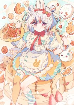 1girl :3 animal_ears apron asymmetrical_legwear blue_dress blue_socks blush bow bowtie closed_mouth commentary dress feet_out_of_frame food fork frilled_apron frills fruit grey_hair hair_bow hands_up holding holding_food holding_fork looking_at_viewer mismatched_legwear multicolored_hair orange_(fruit) orange_slice orange_thighhighs original pancake rabbit rabbit_ears rabbit_girl red_bow red_bowtie red_eyes red_streaks short_hair short_sleeves single_sock single_thighhigh sitting smile socks solo streaked_hair striped_clothes striped_socks symbol-only_commentary thighhighs tsukumi_bis uneven_legwear watermark white_apron