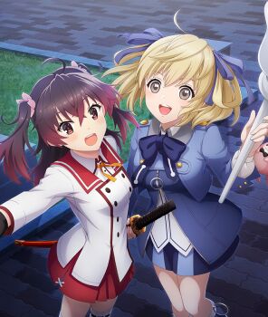 Rule 34 | 2girls, :d, ahoge, asakura mihono, black gloves, blonde hair, blue bow, blue bowtie, blue dress, blue jacket, blue ribbon, blush, bow, bowtie, breasts, brick road, brown eyes, crossover, dot nose, dress, fingerless gloves, flower, game cg, gloves, gradient hair, grass, hair flower, hair ornament, hair ribbon, holding, holding staff, holding sword, holding weapon, jacket, katana, long sleeves, looking at viewer, medium hair, minoseki gakuin uniform, multicolored hair, multiple girls, night, official art, open mouth, outdoors, outstretched arm, pink flower, purple hair, red hair, red sailor collar, red skirt, ribbon, sailor collar, school uniform, sheath, sheathed, shirt, skirt, small breasts, smile, staff, star ocean, star ocean: anamnesis, star ocean: integrity and faithlessness, sword, teeth, third-party source, toji no miko, toji no miko: kizamishi issen no tomoshibi, twintails, upper teeth only, weapon, welch vineyard, white shirt, yellow ribbon