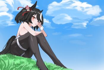 Rule 34 | 1girl, absurdres, animal ears, bare shoulders, black hair, black pantyhose, blue sky, breasts, cloud, cloudy sky, commentary request, day, hair between eyes, hair ornament, hair ribbon, highres, horse ears, horse girl, horse tail, kitasan black (umamusume), knees up, large breasts, leotard, looking at viewer, multicolored hair, nontraditional playboy bunny, open mouth, outdoors, pantyhose, red eyes, red ribbon, revision, ribbon, short hair, sitting, sky, solo, strapless, strapless leotard, streaked hair, tail, two side up, umamusume, white leotard, white streaks, white wrist cuffs, wrist cuffs, yurian (pixiv100542063)