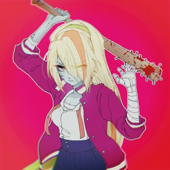 1girl bandaged_arm bandaged_hand bandages baseball_bat black_skirt blonde_hair blood bloody_weapon breasts collared_shirt colored_skin delinquent furrowed_brow grey_skin hair_over_one_eye holding holding_baseball_bat jacket koban7513 letterman_jacket long_hair loose_necktie medium_breasts multicolored_hair nail_(hardware) nail_bat necktie nikaidou_saki orange_hair ponytail red_eyes red_jacket school_uniform shirt skirt solo stitched_face stitches streaked_hair very_long_hair weapon white_shirt zombie zombie_land_saga