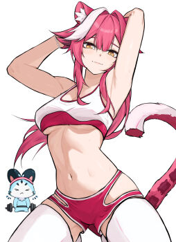 Rule 34 | 1girl, animal ears, armpits, arms up, blush, bracelet, breasts, chattino (raora panthera), closed mouth, clothing cutout, collarbone, commentary, english commentary, hair intakes, highres, hip vent, hololive, hololive english, jewelry, kneeling, long hair, looking at viewer, multicolored hair, navel, panther ears, panther girl, panther tail, pink hair, pink lips, pink shorts, pink sports bra, pink tail, raora panthera, shorts, simple background, smile, sports bra, stomach, streaked hair, sweat, tail, tank top, thighhighs, thighs, ttsyrene, two-tone hair, underboob, virtual youtuber, white background, white hair, white tank top, white thighhighs, yellow eyes