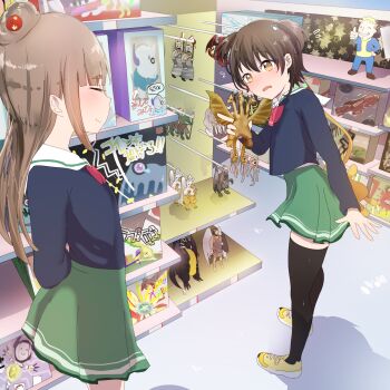 10s 2girls absurdres angel arms_behind_back bad_anatomy battle_girl_high_school beholder black_legwear black_serafuku blunt_bangs blush brown_eyes brown_hair closed_eyes closed_mouth dragon fallout figure fujimiya_sakura gargoyle godzilla_(series) green_skirt griffin hair_ornament head_tilt heroes_of_might_and_magic heroes_of_might_and_magic_iii highres holding indoors king_ghidorah long_hair long_sleeves might_and_magic minami_hinata multiple_girls pointing ravejaeger school_uniform serafuku shadow shoes shop shopping sidelocks skirt smile sneakers standing thick_eyebrows thighhighs toy vault_boy wavy_mouth yellow_shoes zettai_ryouiki