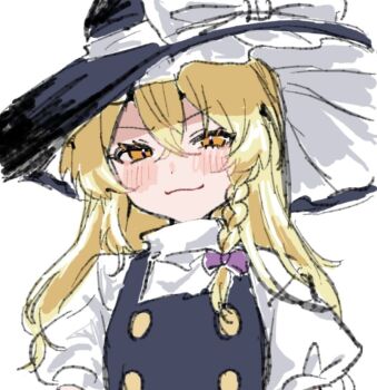 1girl aorin_oekaki black_hat black_vest blonde_hair blush bow braid closed_mouth commentary_request hair_bow hat hat_bow kirisame_marisa long_hair looking_at_viewer paint_chat_(medium) purple_bow side_braid simple_background single_braid smile solo touhou vest white_background white_bow witch_hat yellow_eyes