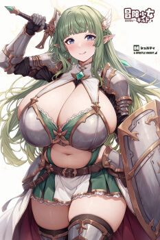 1girl :q adventurer's_guild_girls armor backlighting bikini_armor blue_eyes blunt_bangs breasts commentary_request curvy ear_piercing gloves green_hair highres holding holding_behind_back holding_sword holding_sword_behind_back holding_weapon holding_weapon_behind_back huge_breasts kannko_bokujou long_hair looking_at_viewer miniskirt mixed-language_text mole mole_under_eye navel original piercing plump pointy_ears shield shoulder_armor skirt smile solo sword thick_thighs thighs tongue tongue_out weapon