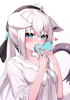 1girl ahoge animal_ears aqua_eyes blush breasts chocolate deaver fox_ears fox_girl fox_tail highres hololive long_hair long_sleeves looking_at_viewer medium_breasts shirakami_fubuki shirakami_fubuki_(street) solo tail virtual_youtuber white_hair