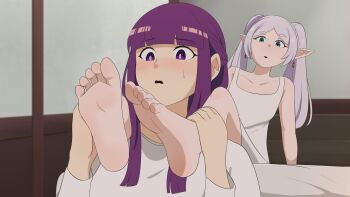 2girls archnoodle barefoot blunt_bangs blush collarbone dress earrings feet fern_(sousou_no_frieren) foot_focus foreshortening frieren full_body green_eyes grey_hair hands_up highres indoors jewelry long_hair long_sleeves multiple_girls open_mouth parted_bangs pointy_ears purple_eyes purple_hair shadow shirt sidelocks sitting soles sousou_no_frieren toes twintails upper_body white_dress white_shirt