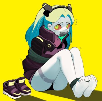 1girl absurdres ass barefoot bdsm blue_hair blue_nails bondage bound cyberpunk_(series) cyberpunk:_edgerunners duct_tape feet gag highres jacket looking_at_viewer menthako multicolored_hair no_pants rebecca_(cyberpunk) shoes unworn_shoes simple_background tattoo tied_toes toes yellow_background